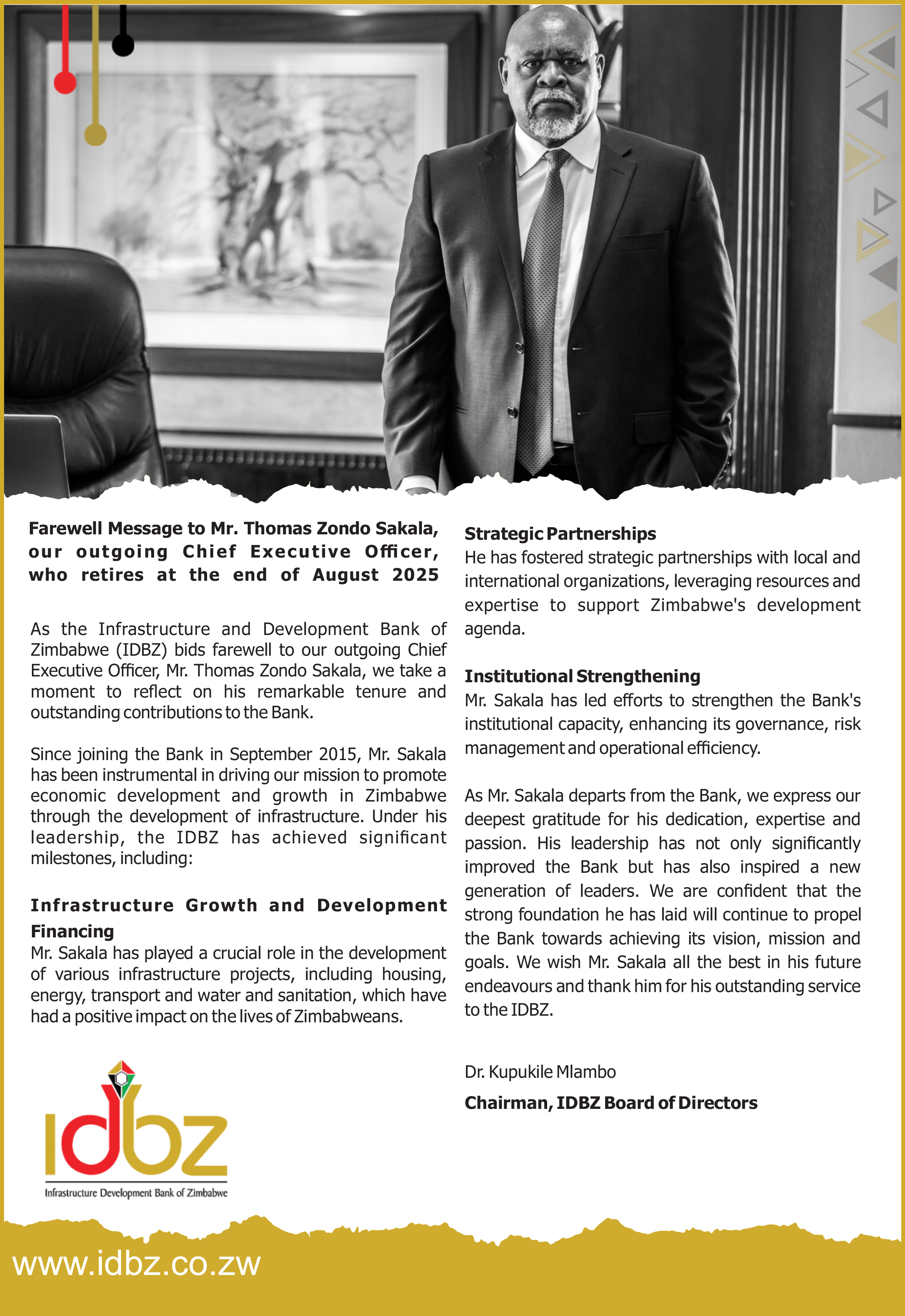 Farewell Message for the IDBZ CEO, Mr. Zondo T. Sakala